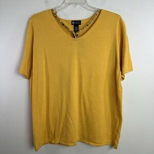 Maggie Barnes Womens Plus Size 1X Yellow Short Sleeve Beaded V-Neck NWT